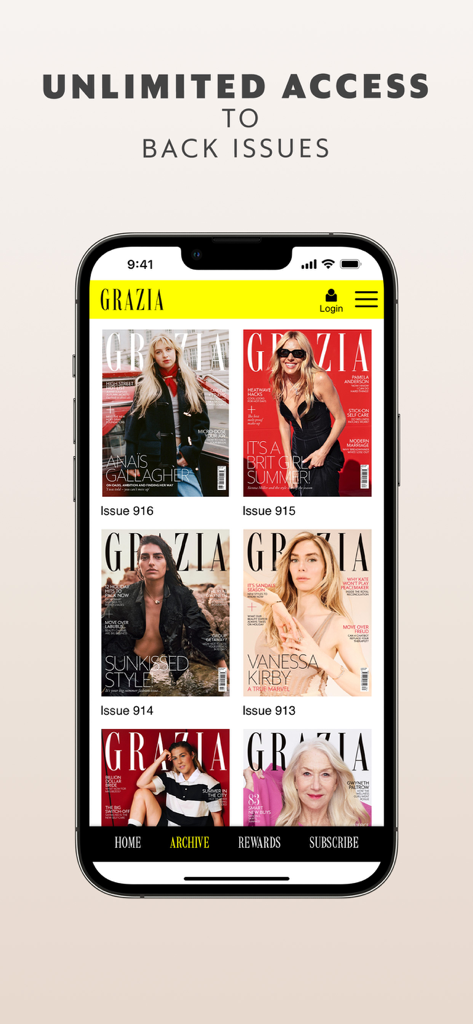 Grazia: Fashion, Beauty & News - Grazia app interface showing a grid of previous magazine issues in the archive section