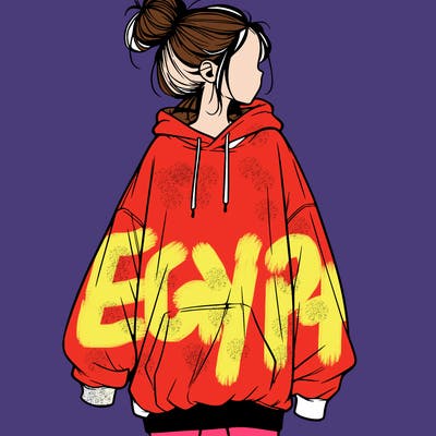 realistic girl with a oversized sweatshirt on and a bun