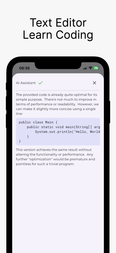 Code Runner App Compiler & IDE - Mobile screen showing the built-in AI Assistant in Code Runner app providing code optimization and refactoring advice