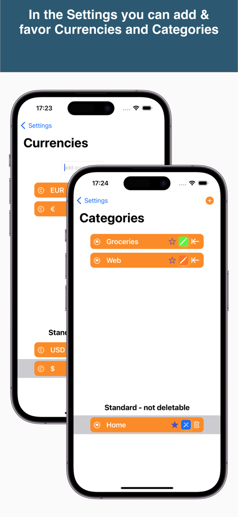 SimpleMoney - Pantalla de configuración de la aplicación SimpleMoney que muestra opciones de personalización de moneda y categorías de gastos en iPhone.