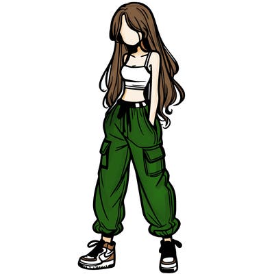 girl in baggy pants crop top and long hair