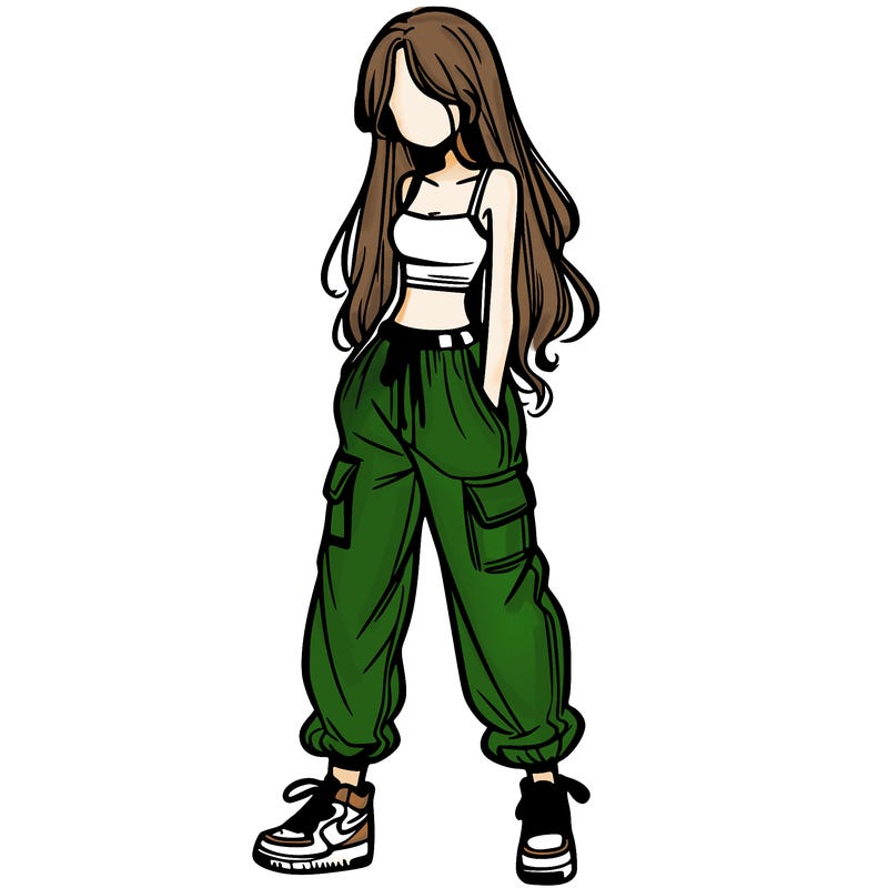 girl in baggy pants crop top and long hair