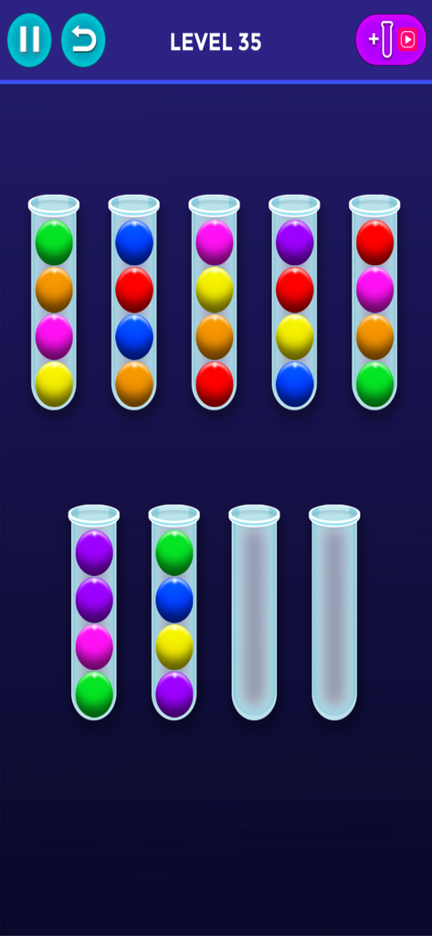 Ball Sort : Color Puzzle Game - Jeu de Ball Sort Color Puzzle Game montrant des tubes avec des boules colorées