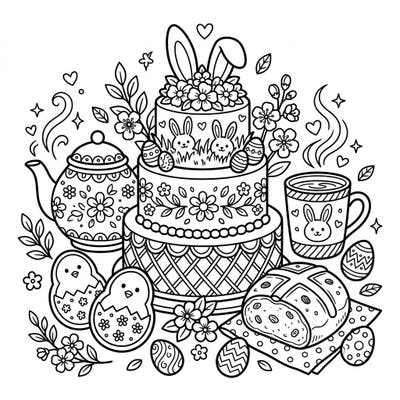 Dive into a delightful Easter celebration with this intricate food art coloring page, featuring a magnificent bunny cake surrounded by seasonal treats. Perfect for adding your creative flair to a festive spread of desserts and beverages.
