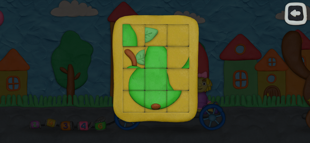 Un rompecabezas de baldosas de plastilina de una pera verde en la aplicación móvil Vlad y Niki 12 Cerraduras 2