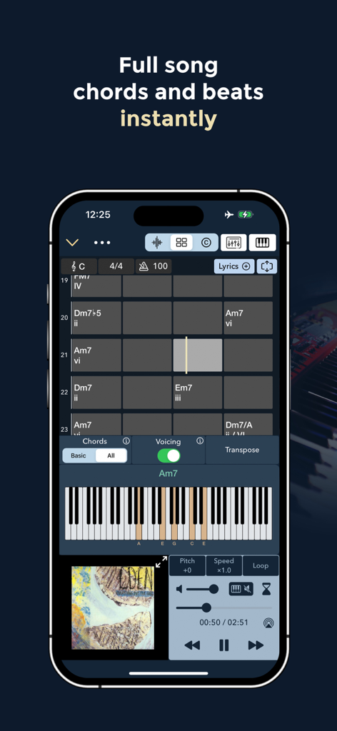 Pantalla de smartphone mostrando la interfaz de la aplicación Chord ai con acordes de canciones y un teclado de piano virtual.