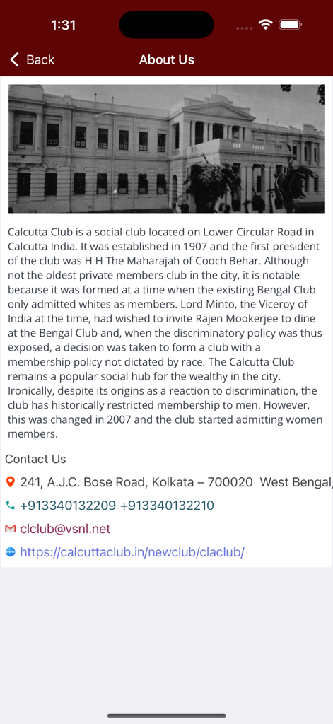Écran À propos de nous de l'application Calcutta Club avec l'historique et les informations de contact.