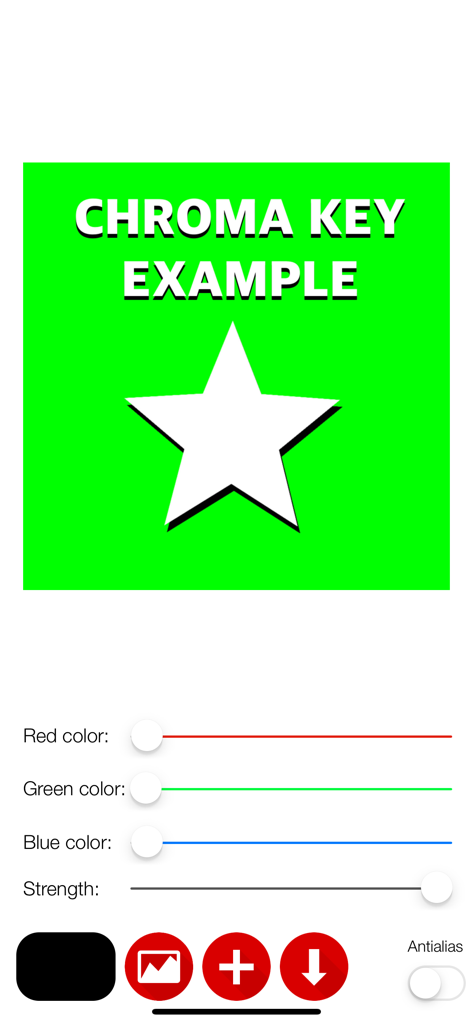Interface do aplicativo Chroma Key FX mostrando controles deslizantes de ajuste de cor de tela verde e um ícone de estrela sobre um fundo verde.