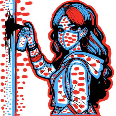 realistic girl with mask spray painting a wall