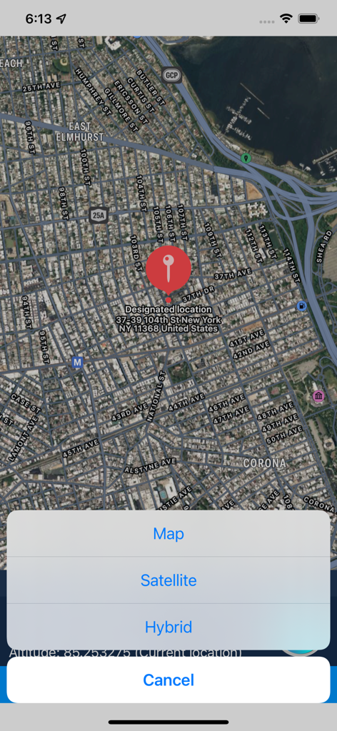Satellite map view in the iLocation app showing a designated location pin and a menu to select Map Satellite or Hybrid modes