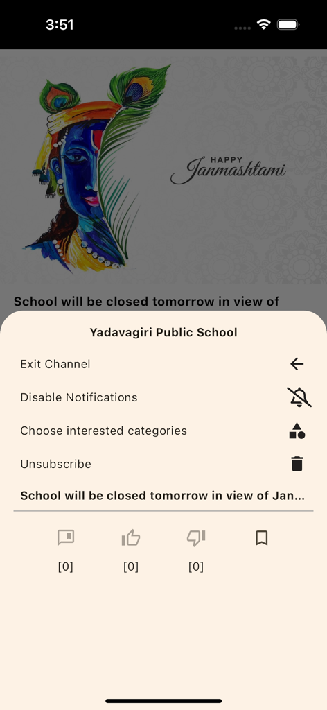 Tikker News - Interface do aplicativo Tikker News mostrando um menu com opções para sair do canal, desativar notificações e cancelar a assinatura de um feed de notícias local.