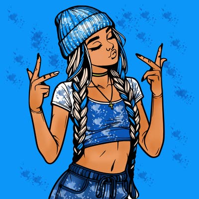 realistic teenage girl with braids and a beanie and crop top doing 🫶🏼