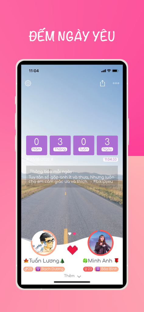 Smartphone screen showing the inlove love counter app with time tracking and couple profiles