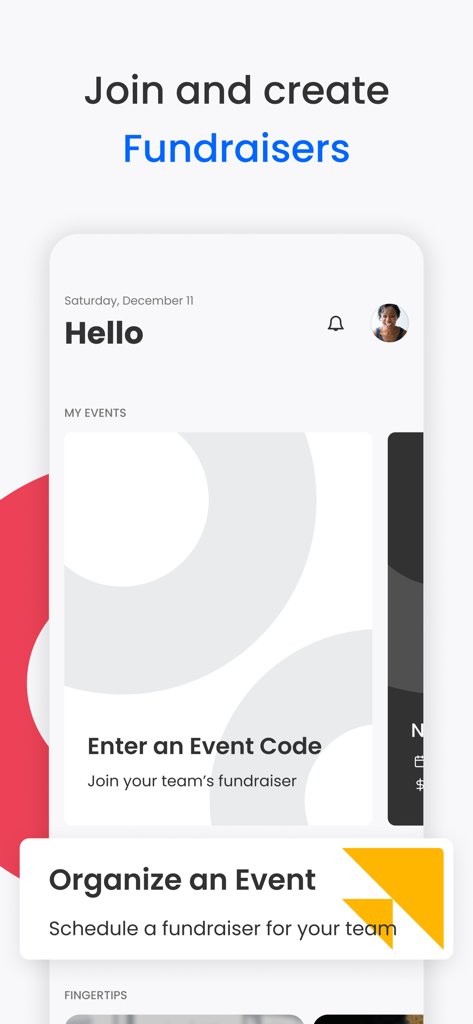 Screen from the Double Good app showing options to enter an event code to join a team fundraiser or organize a new event.