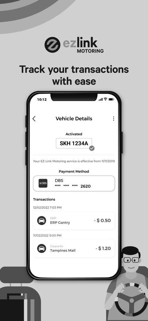 EZ-Link app interface showing vehicle details and motoring transaction history for ERP and carparks