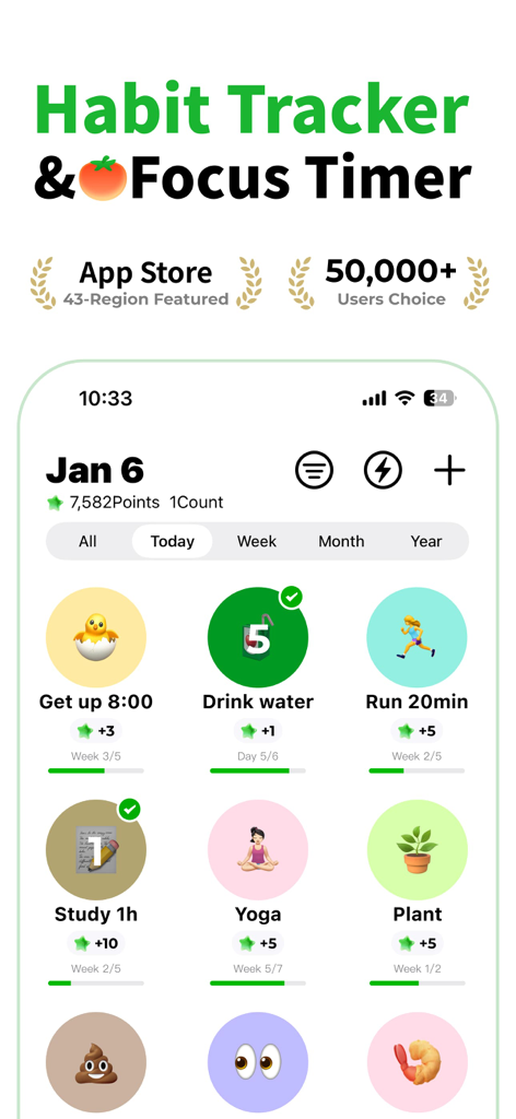 FrogCount - Habit Tracker - Main interface of the FrogCount app showing a habit tracking dashboard with cute icons for daily routines like drinking water and yoga