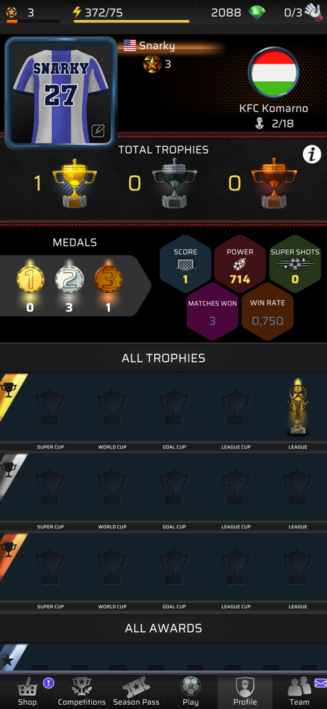 Player profile screen in Goal Football PVP Game showing trophies medals and competitive stats