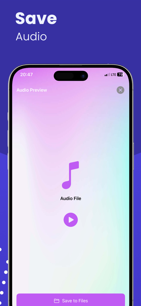 Karaoke Video Saver - Mobile app interface showing a preview of a karaoke audio file with a play button and a save to files option.