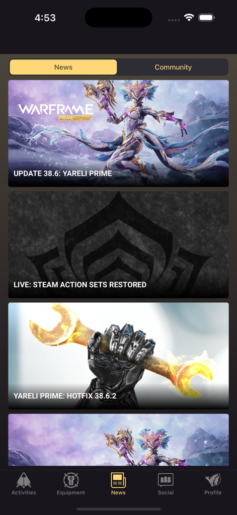 Warframe Companion - Warframe Companion mobile app news feed showing game updates and community alerts.