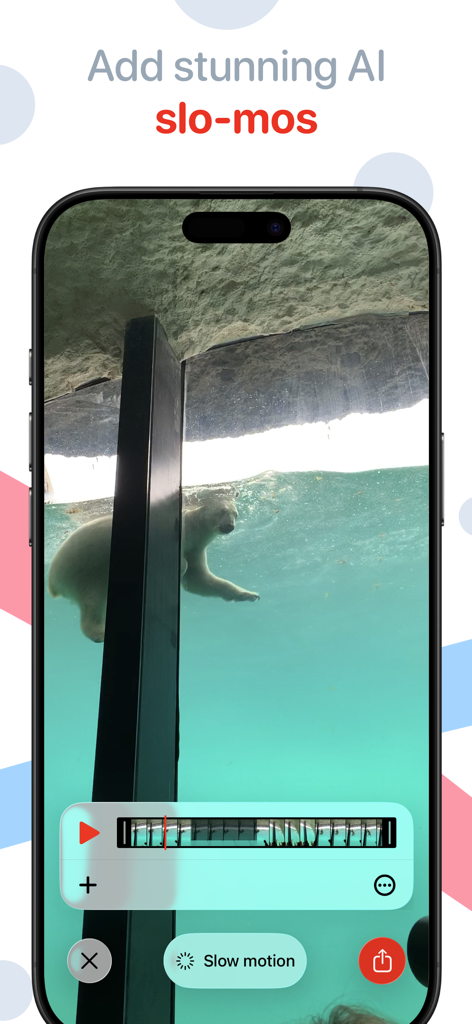 Emulsio 5 app interface displaying the AI slow motion editing feature on a video of a swimming polar bear
