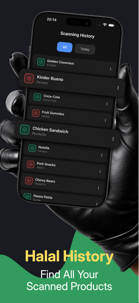 Halal Scanner app displaying a history list of scanned products with halal and haram indicators