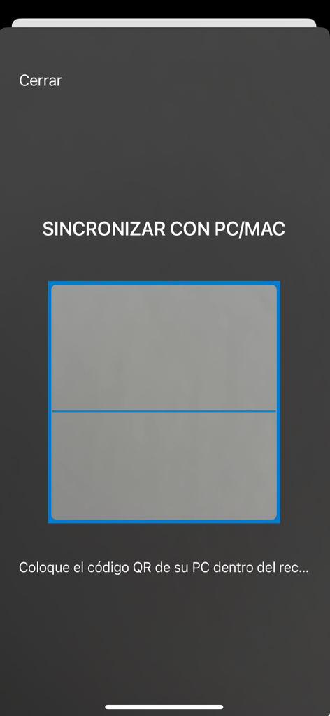 Interfaz de la aplicación DNI Remoto para sincronizar el iPhone con un PC o Mac usando un escáner de código QR