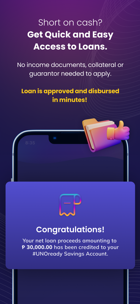 UNO Digital Bank mobile app interface showing quick loan approval and disbursement details for users