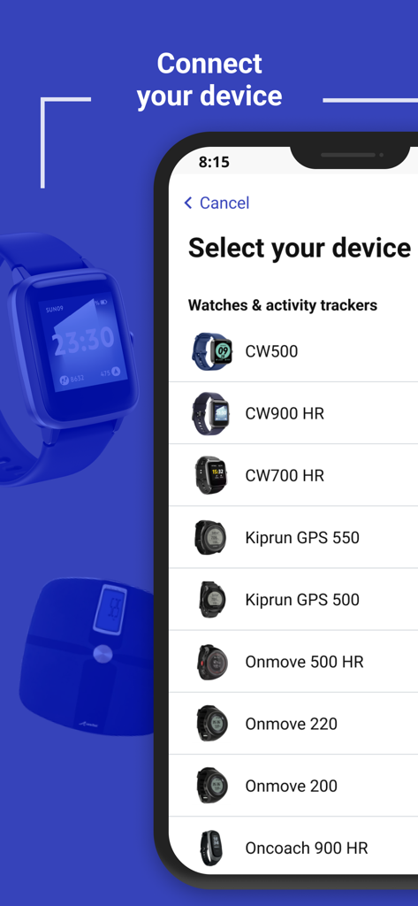 Decathlon Connect - Pantalla de la aplicación Decathlon Connect que muestra una lista de relojes inteligentes y rastreadores de actividad física compatibles para emparejar