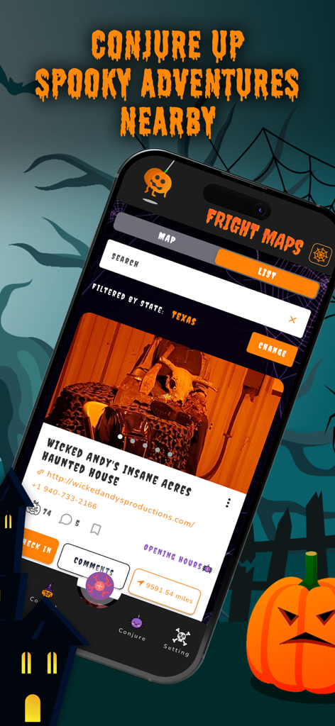 FrightMaps: Haunt Finder - FrightMaps app interface displaying a haunted house attraction listing in Texas with a search bar and spooky theme