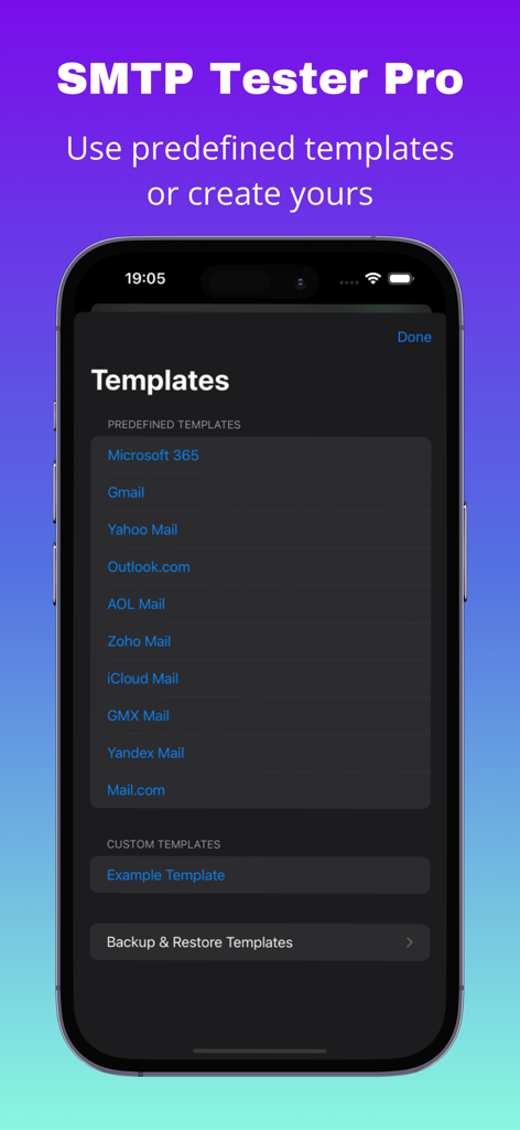 SMTP Tester Pro interface showing predefined email server templates including Gmail and Outlook