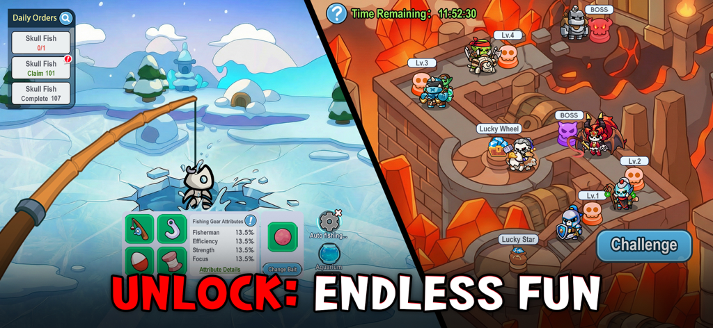 Split screen showing a skeleton fishing in the snow and underworld dungeon management in the game Skull Up