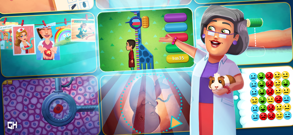 Heart's Medicine Hospital Heat - Un collage que muestra varios minijuegos con temática médica y un personaje doctor de Hearts Medicine Hospital Heat