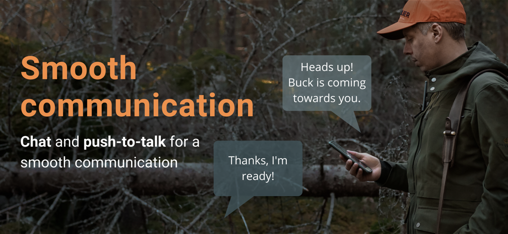 WeHunt - A hunter in the woods using the WeHunt app chat and push to talk feature