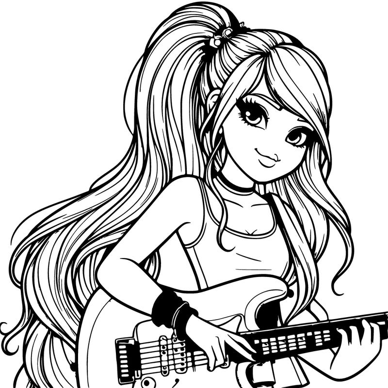 realistic girl with a really long ponytail playing the electric guitar