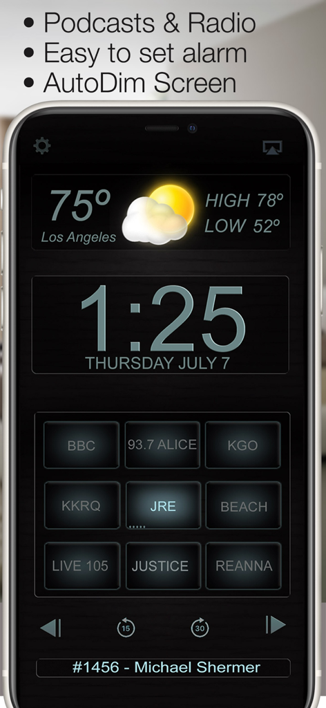 Best Clock Radio-Podcast - 시간, 날씨, 라디오 프리셋을 보여주는 최고의 시계 라디오 앱 인터페이스