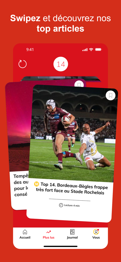 Interface de l'application Sud Ouest montrant une pile d'articles d'actualité classés par thèmes, présentant un match de rugby Top 14 entre Bordeaux et La Rochelle.