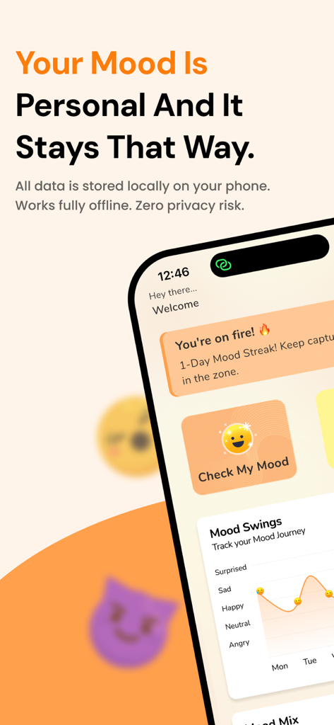 A screenshot of the Mood Journal app highlighting local data storage privacy and a dashboard with mood swings graphs and a daily streak counter.