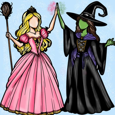 detailed realistic split of a princess and a witch