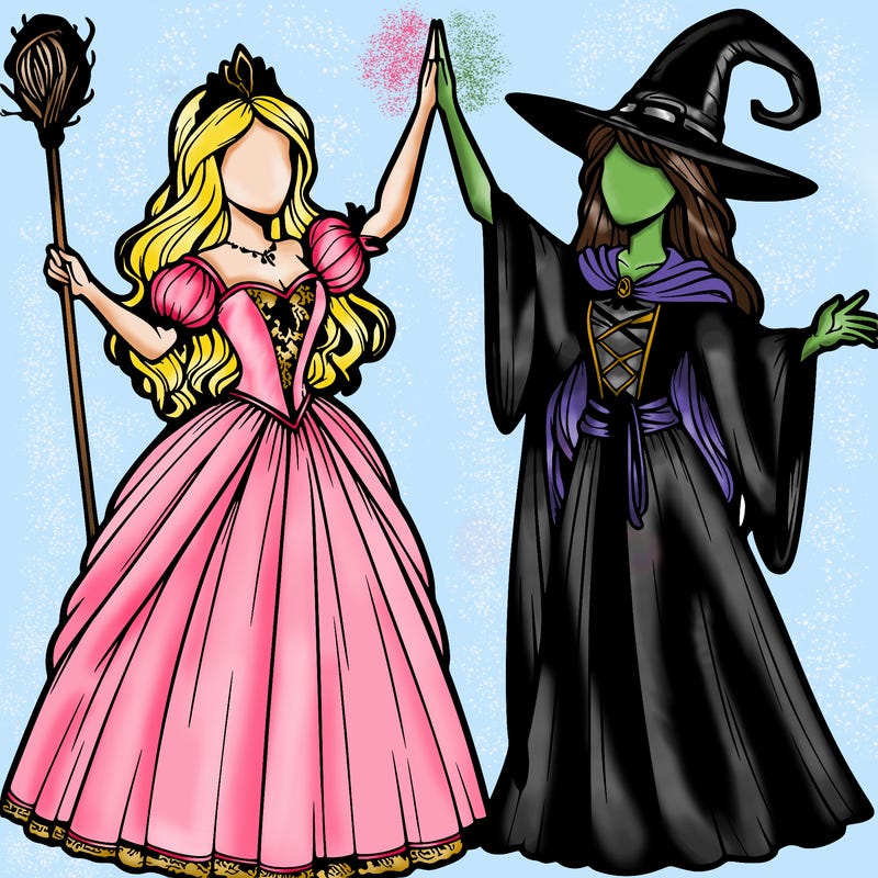 detailed realistic split of a princess and a witch