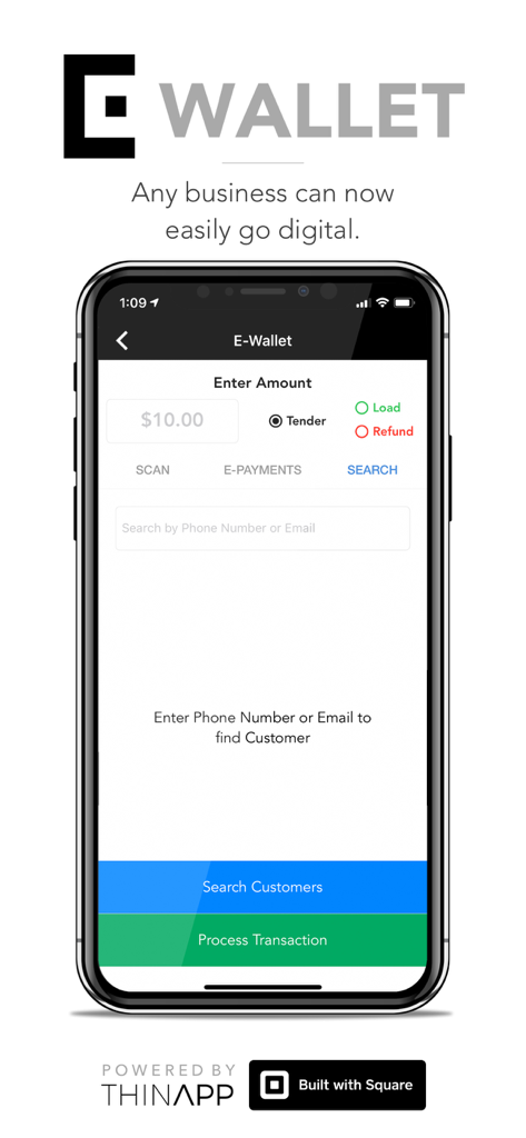 E-Wallet - Digital Cash - E-Wallet app interface for businesses to search for customers and process digital cash transactions
