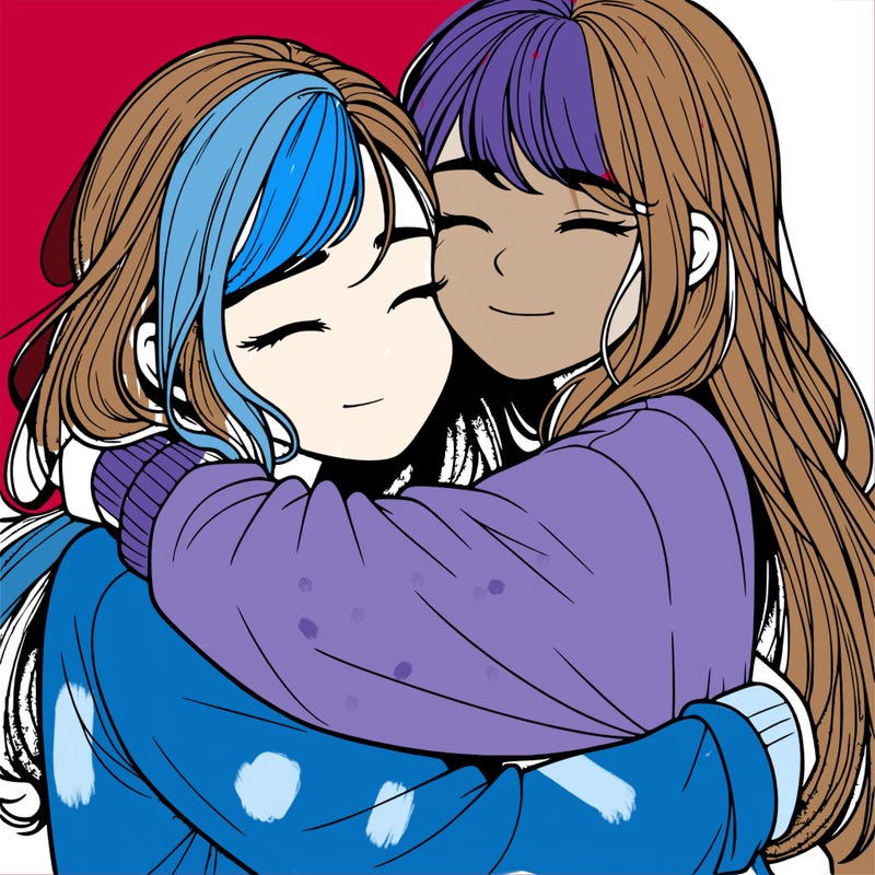 realistic two girls hugging