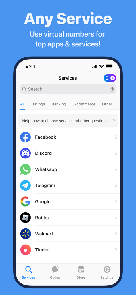 vCode: OTP & SMS Phone Number - Interface of vCode app showing a list of supported services for virtual phone numbers including Facebook, WhatsApp, and Telegram.
