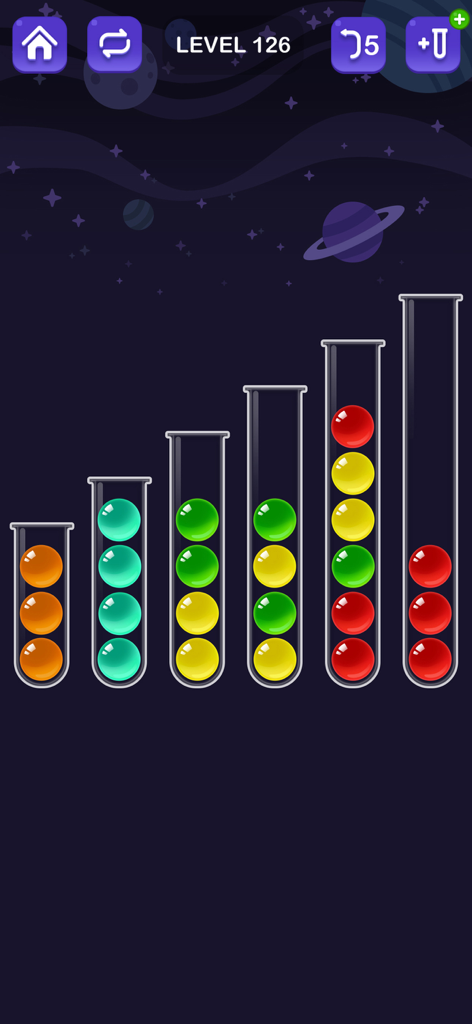 Gameplay of Ball Sort Color Puzzle Master showing colored balls in tubes of varying heights on a space background