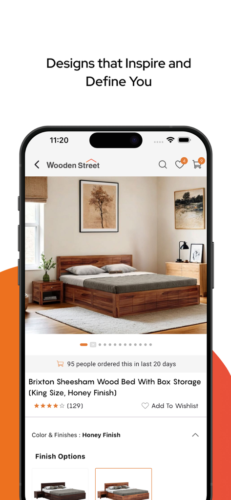 Wooden Street - Screenshot dell'app mobile Wooden Street che mostra un letto in legno Brixton Sheesham con opzioni di personalizzazione e contenitore.
