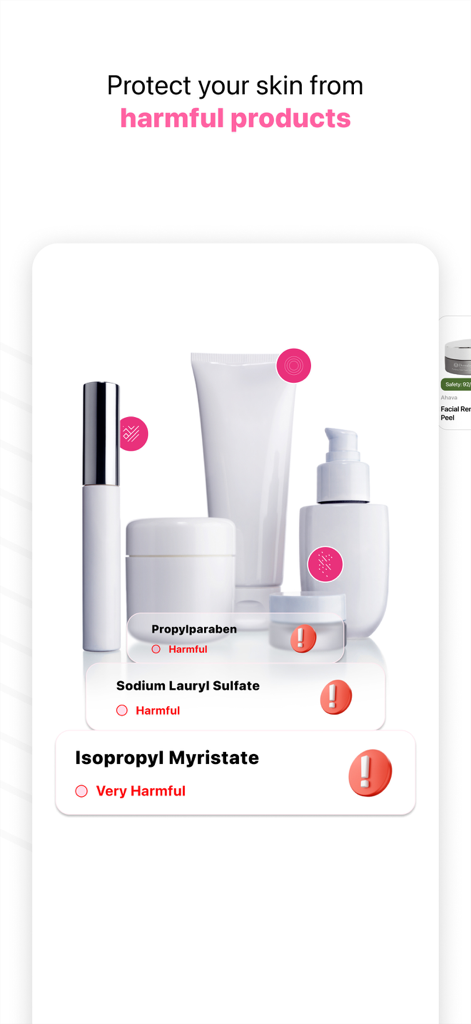 The Skincare Scanner - Derma - A mobile interface from The Skincare Scanner app showing harmful ingredient detection in cosmetic products like parabens and sulfates.