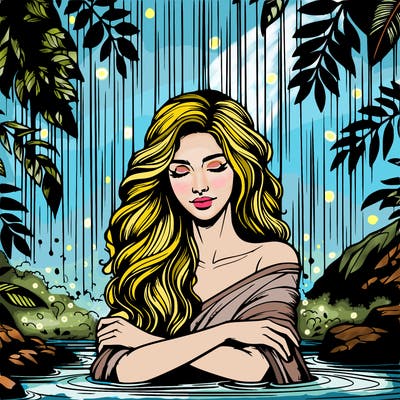 realistic female model under waterfall