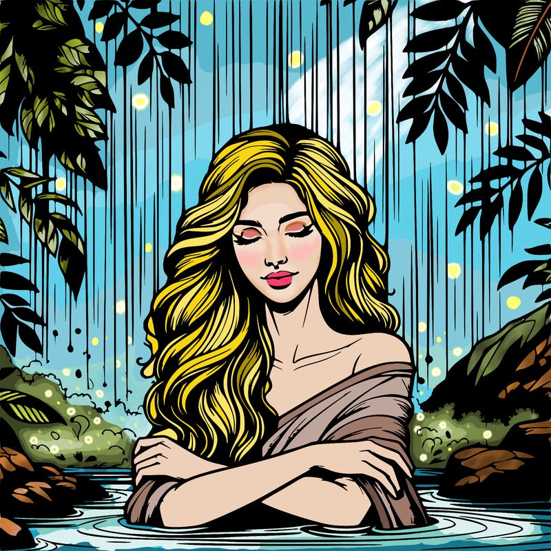 realistic female model under waterfall
