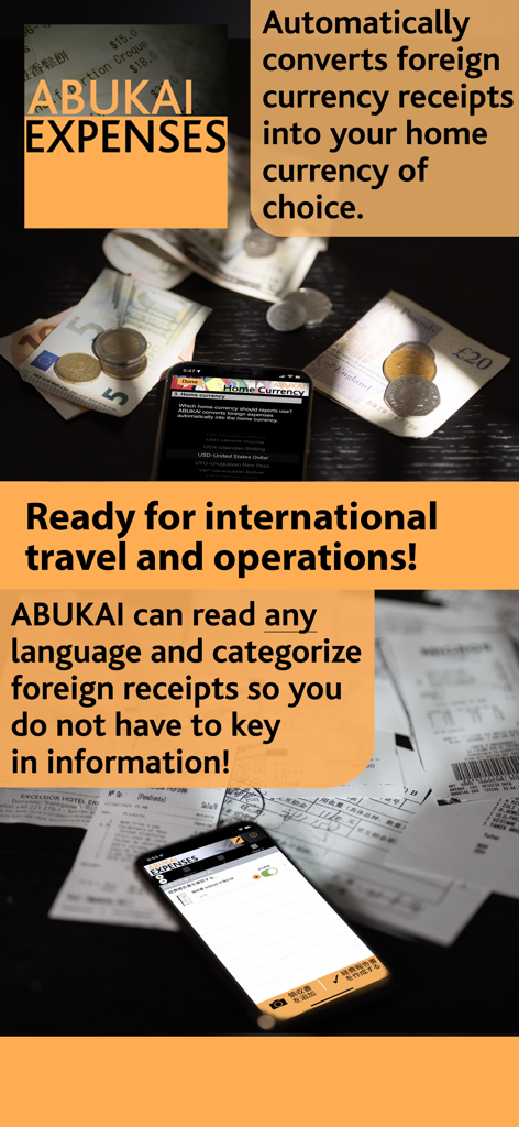 ABUKAI Expense Reports Receipt - ABUKAI app interface demonstrating automatic foreign currency conversion and multi-language receipt scanning for international business travel.