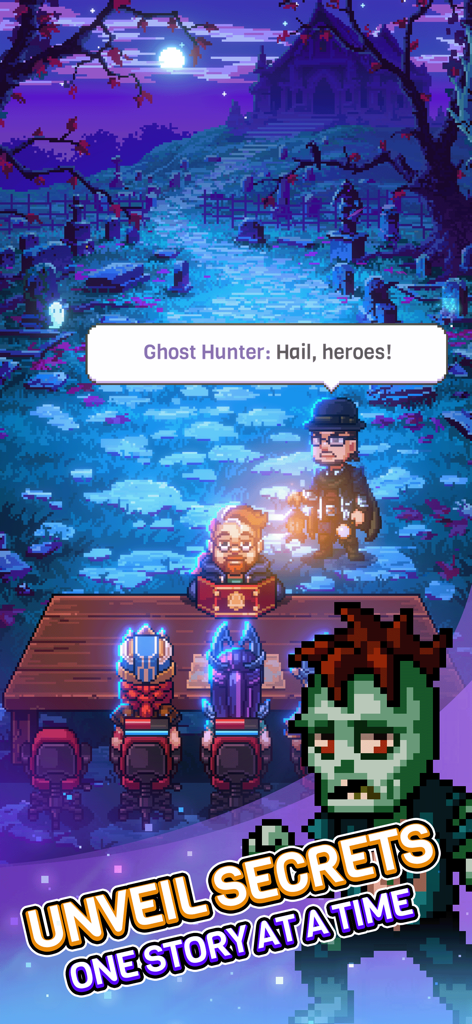 Knights of Pen and Paper 3 - Escena de RPG de mesa pixelado en un cementerio espeluznante con personajes en una mesa y un PNJ Cazador de Fantasmas