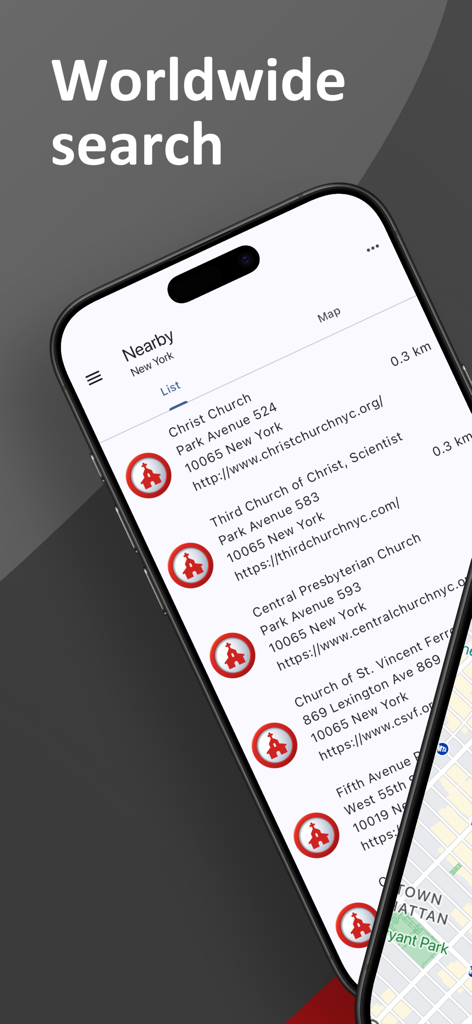 Church Finder Worldwide - Smartphone screen showing a list of churches in New York with addresses and website links